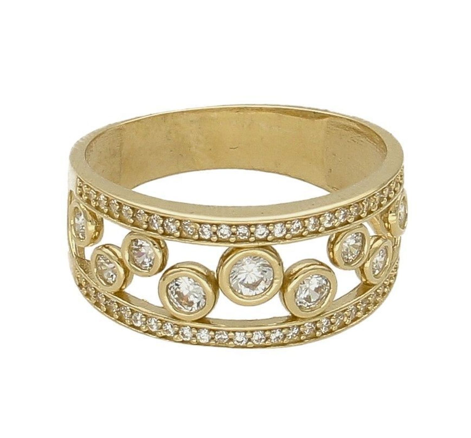 Złoty pierścionek 585 zdobiony cyrkoniami PI 4363. Złoty pierścionek z cyrkoniami. Złoty pierścionek damski. Złoty pierścionek szeroki. Złoty pierścionek szer.jpg